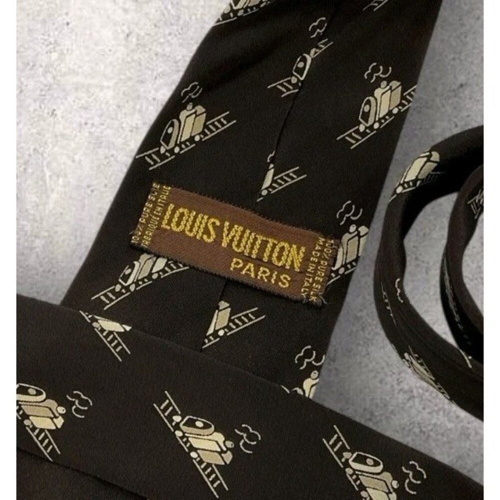LOUIS VUITTON VINTAGE RARE Silk Tie ITALY Brown Beige Train Logo LV W:3.5" EUC - Picture 2 of 5